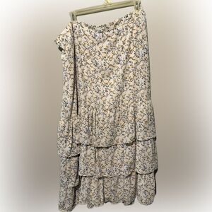 Kaari Blue Women’s 3X Tiered Floral Maxi Skirt - Cream and Blue flowy ruffled
